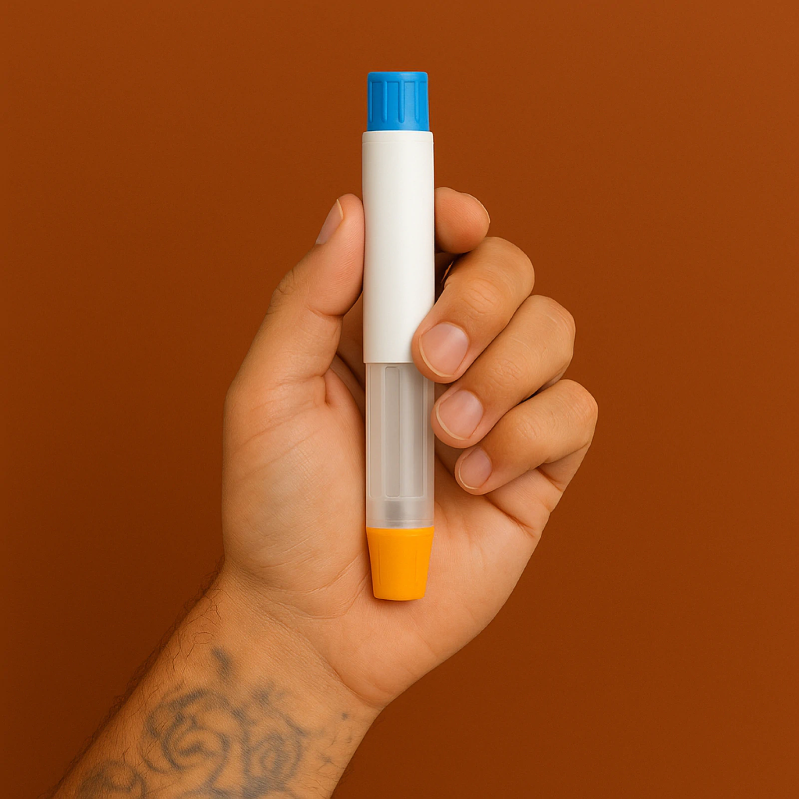 A hand holding an injector pen of semaglutide